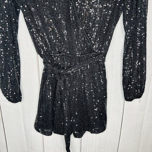 Midnight Doll Black Full Sequin Shorts Romper Tie Waist Sz XS Long Sleeve - Picture 3 of 8